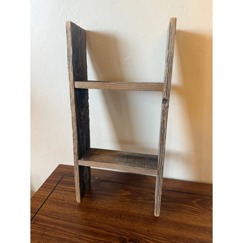 Rustic Primitive Wood Mini Ladder Shelf Farmhouse Style 18 Inch Gray